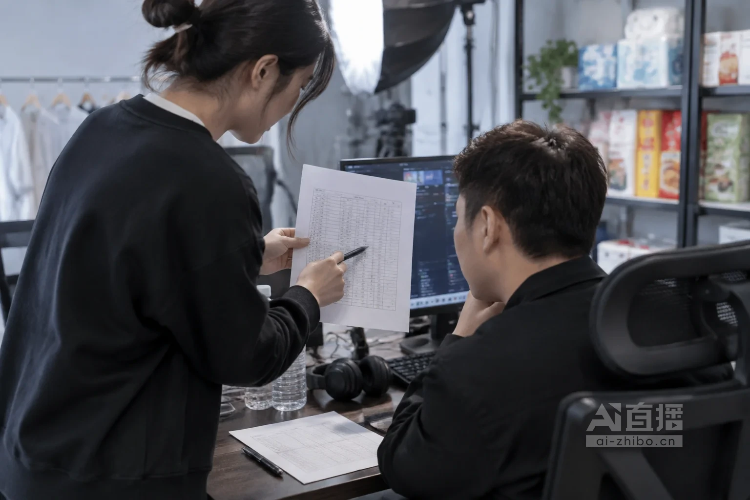AI场景示意:两位运营在中控工作台前对着纸质交接清单逐行核对