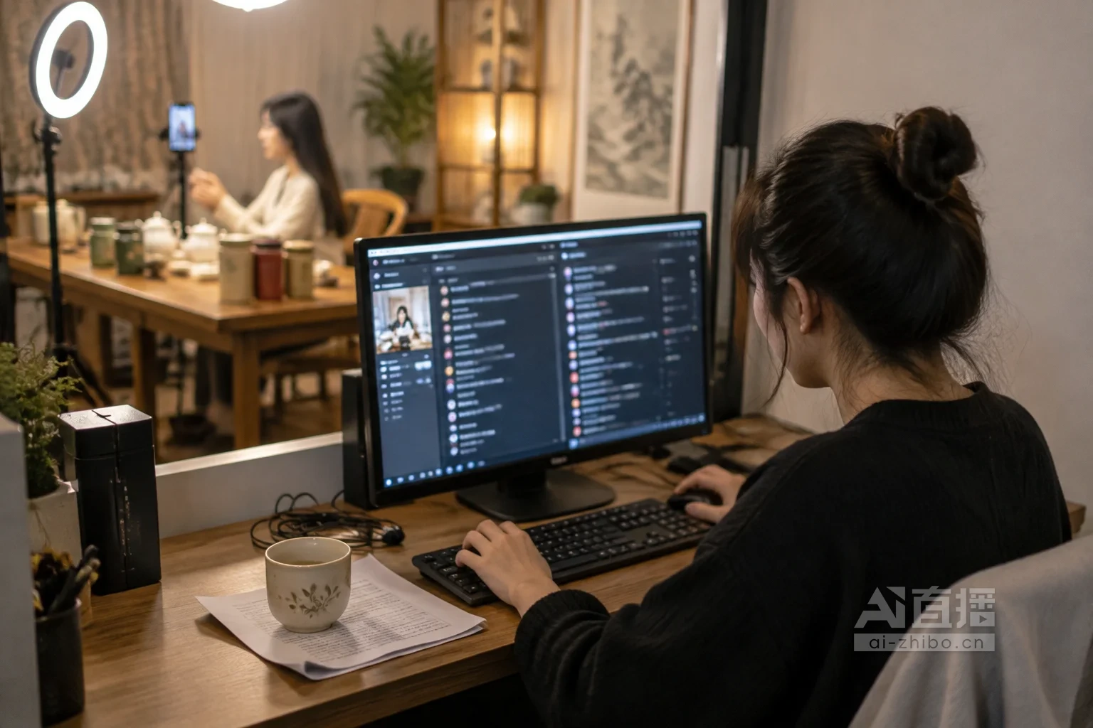 茶叶直播间里,场控坐在显示器前看着评论列表打字,远处主播在茶桌后对着手机讲解