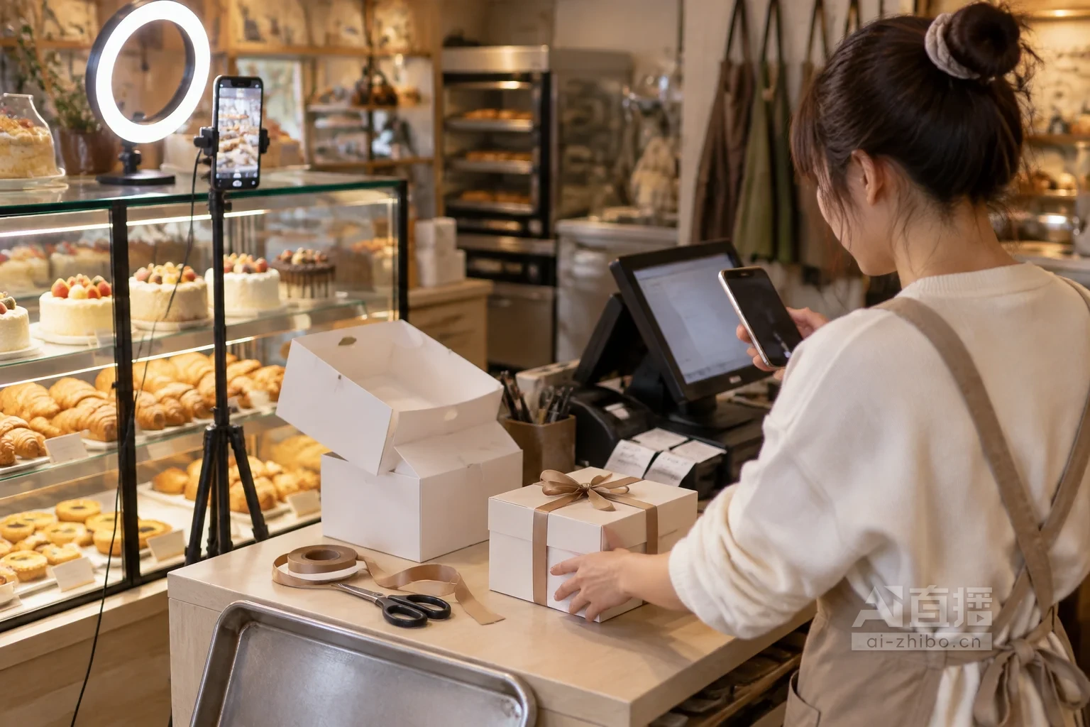烘焙店柜台旁,店员一手推着系好丝带的蛋糕盒,一手低头看着手机,旁边三脚架上的直播手机正对着摆满蛋糕和可颂的玻璃展示柜