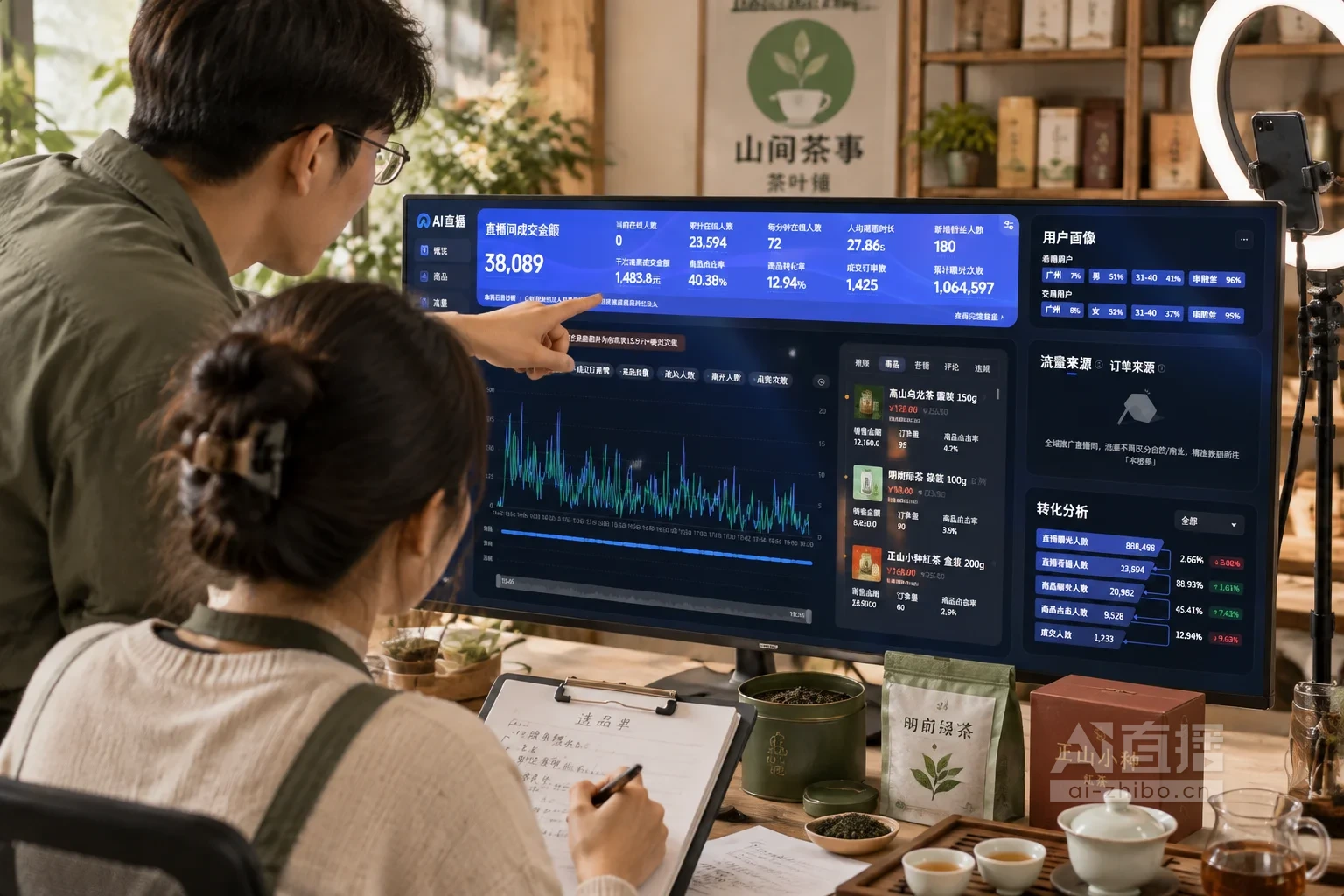 茶叶直播间操作区，两位工作人员在显示器前围看直播数据中控台，一人指向在线人数与观看时长区域，另一人记录，屏幕商品栏为乌龙茶、绿茶、红茶，桌上摆着拆开的茶叶包装、补光灯和拍摄支架