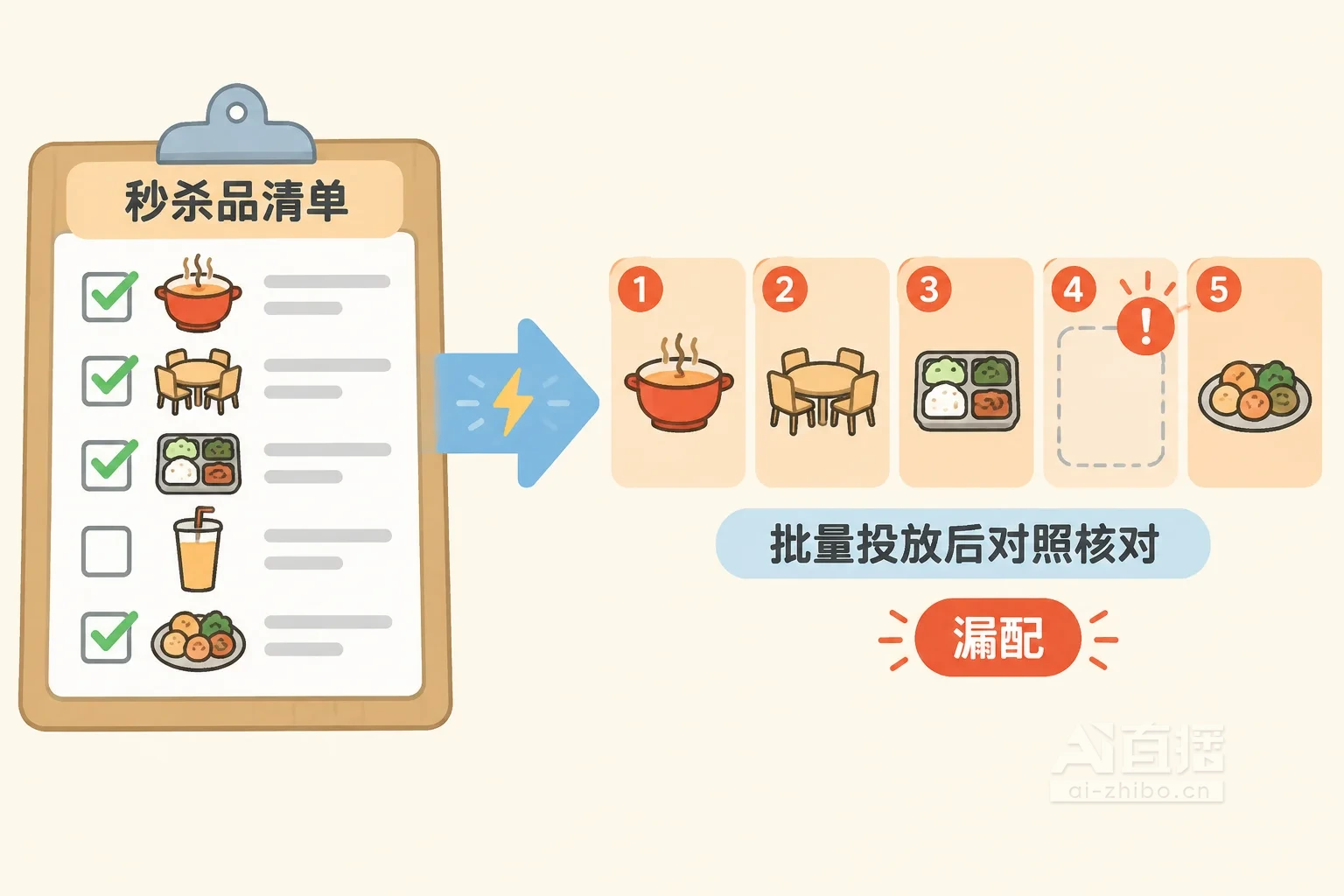 扁平插画:左侧写字板上的秒杀品清单有五行,四行已打对勾;右侧五张秒杀品卡片中第四个位置是空的虚线框,并标有感叹号,中间有箭头连接